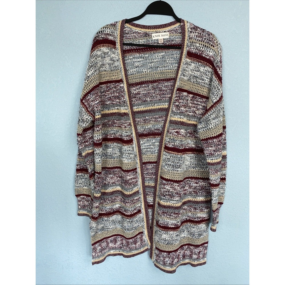 Knox Rose Boho Burgundy Gray Striped Long Cardigan Size XXL Open Knit‎ Coastal